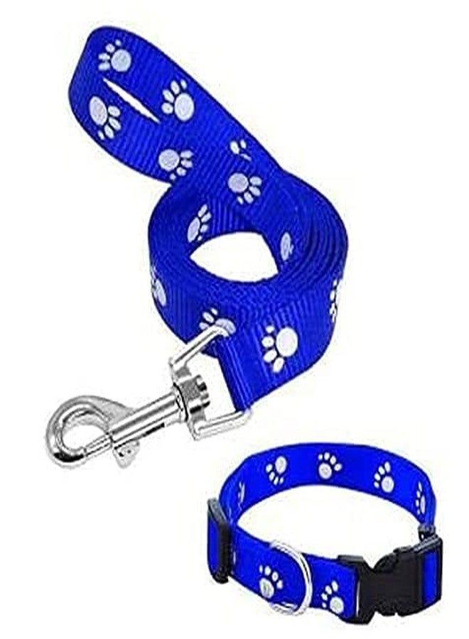 Pups&Pets 15MM Adjustable Nylon Paw Print Design Cute Collar and Leash Set with Bell for Dogs & Cat - (Blue) - Image 1